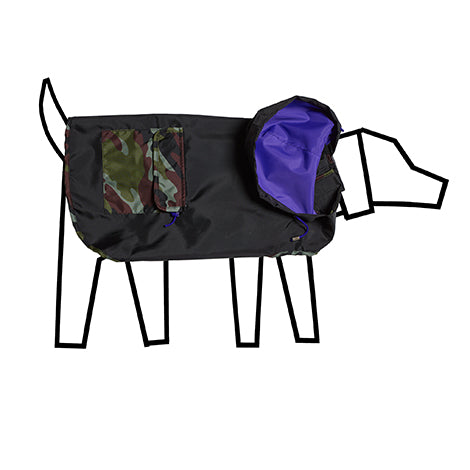 Black and camouflage anorak dog raincoat with hood