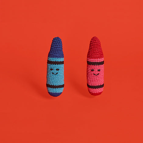 Red and Blue crochet crayon dog toys