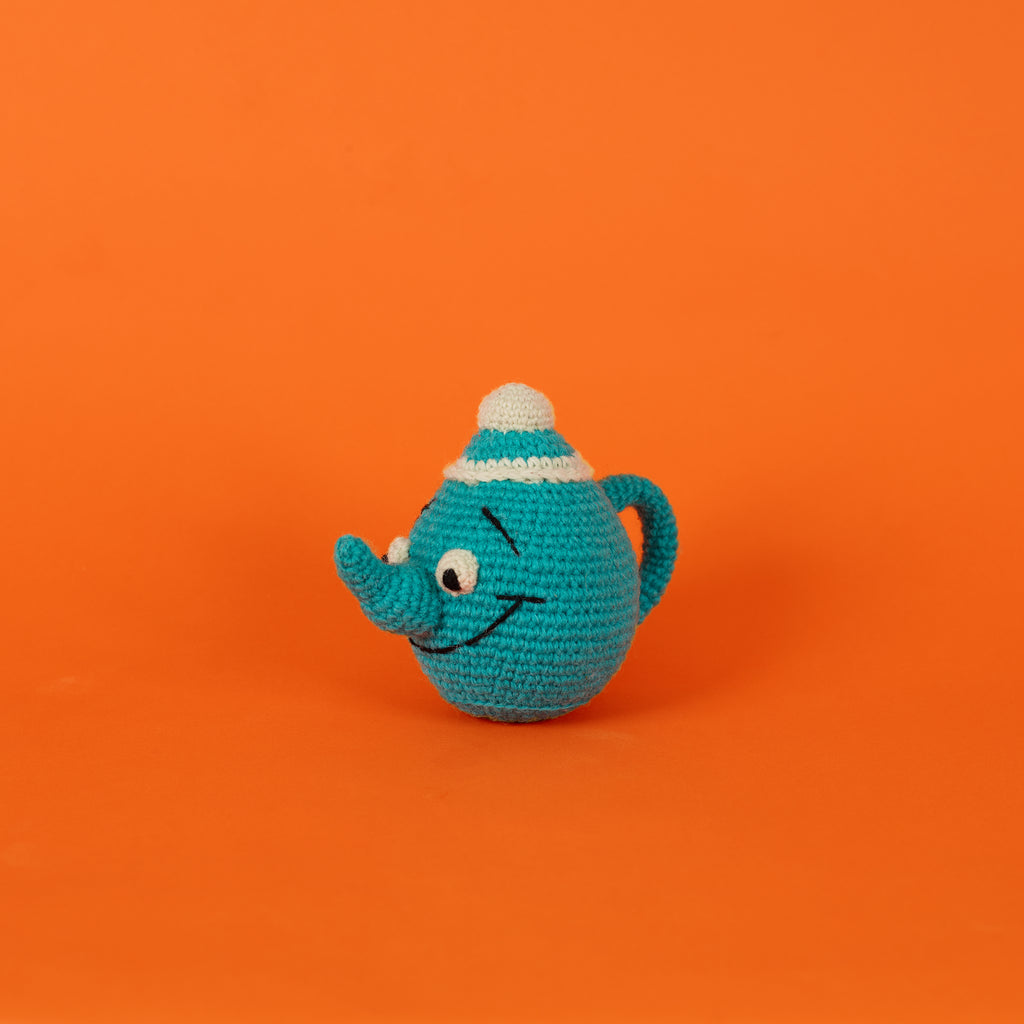 Blue crochet teapot dog toy