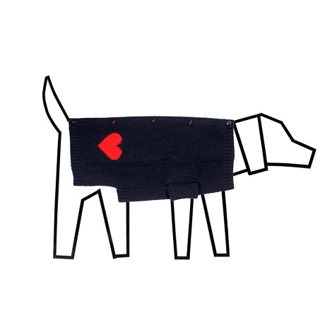 Navy dog cardigan with two red hearts