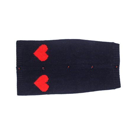 Navy cardigan dog sweater with two red hearts