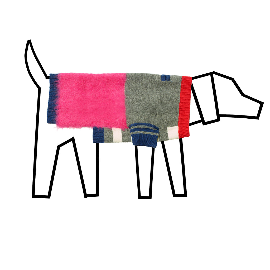 Grey with pink hairy striped dog sweater