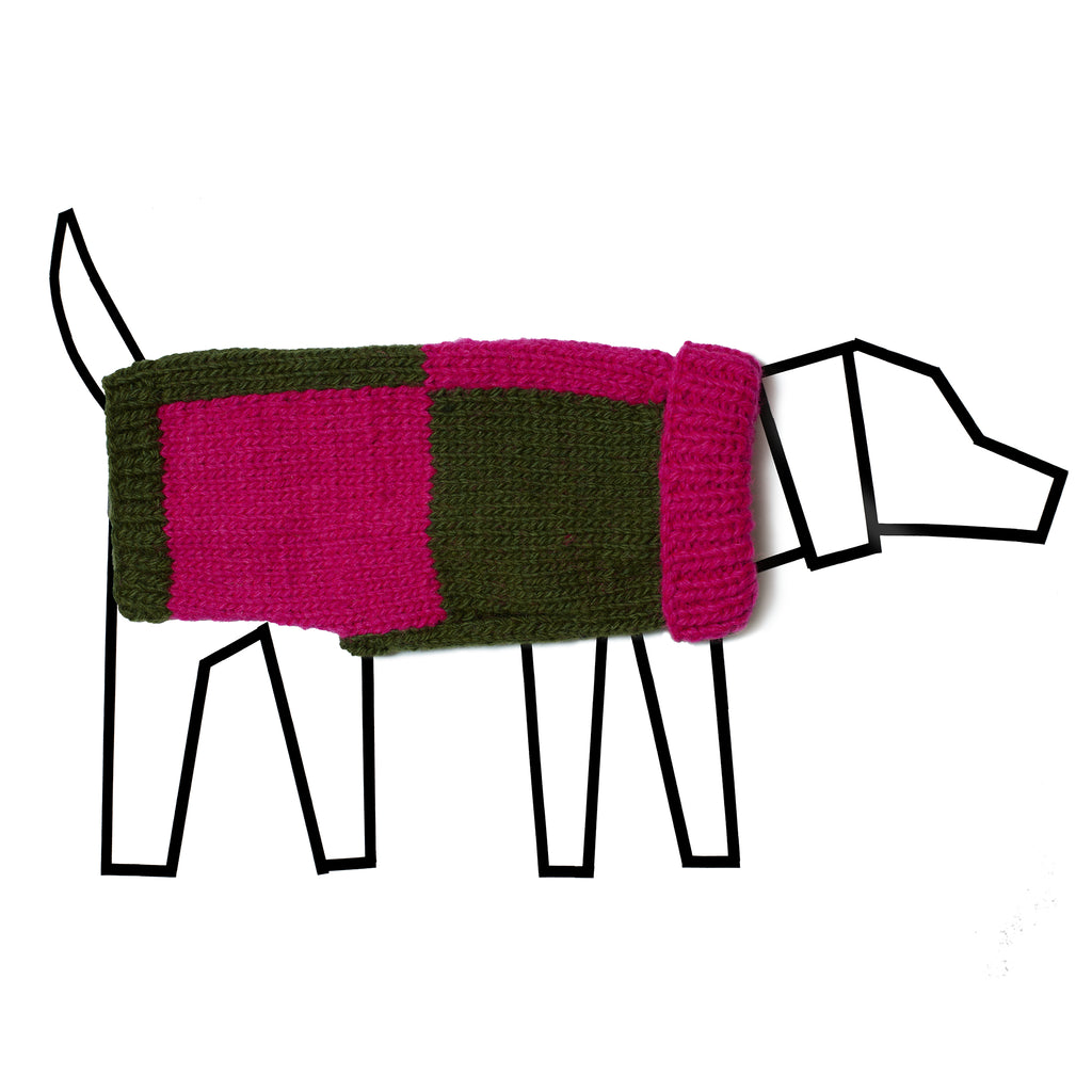 Hand Knit Wool Olive and Pink Checkered Turtleneck Dog Sweater