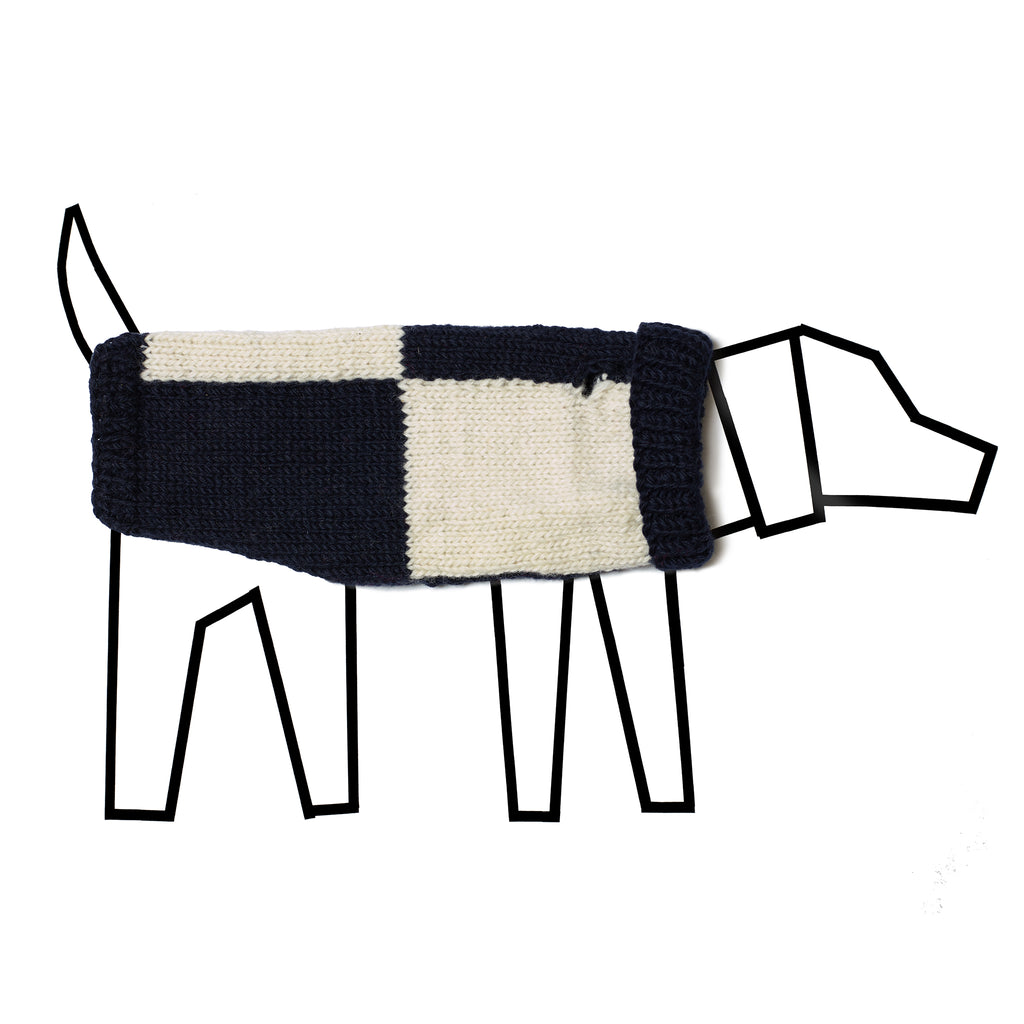 Navy and Ivory Wool Handknit Checkered Turtleneck Dog Sweater