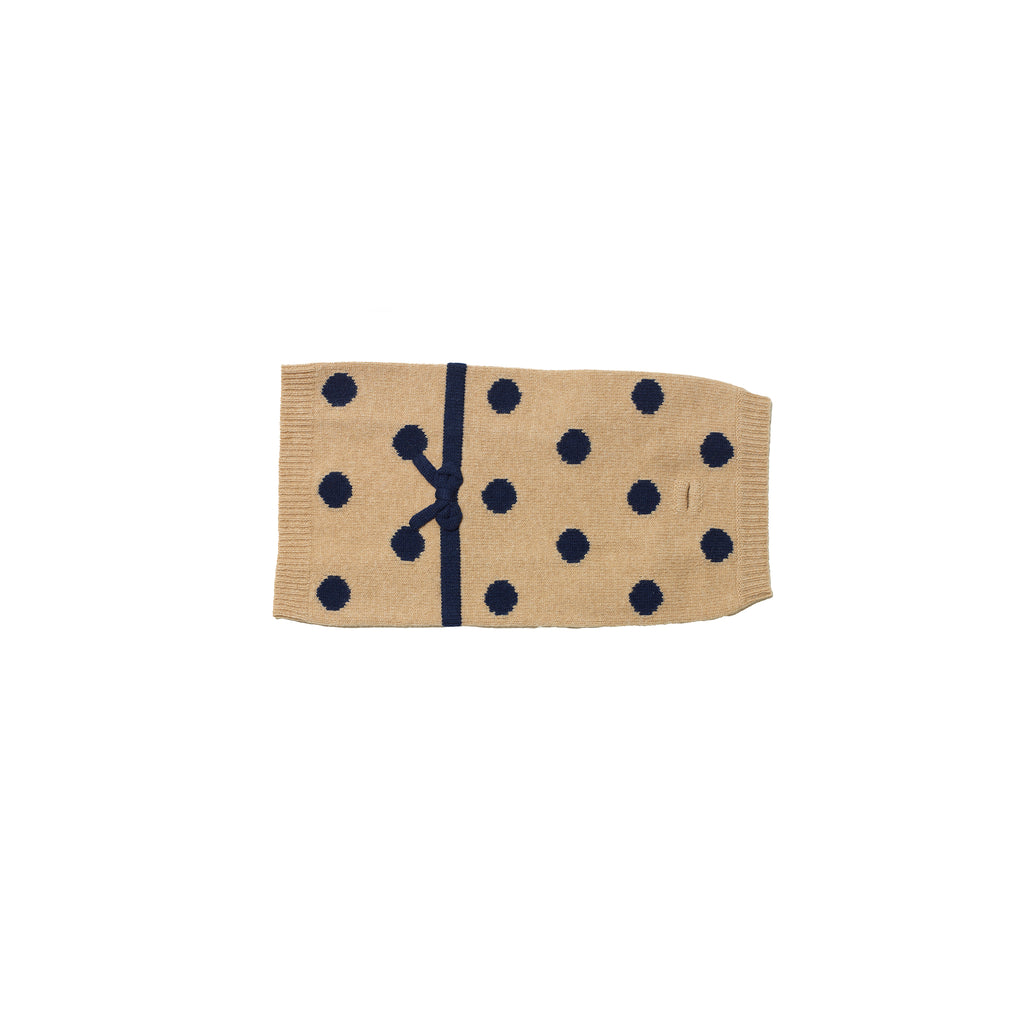 Camel with Navy polka dot bow dog sweater