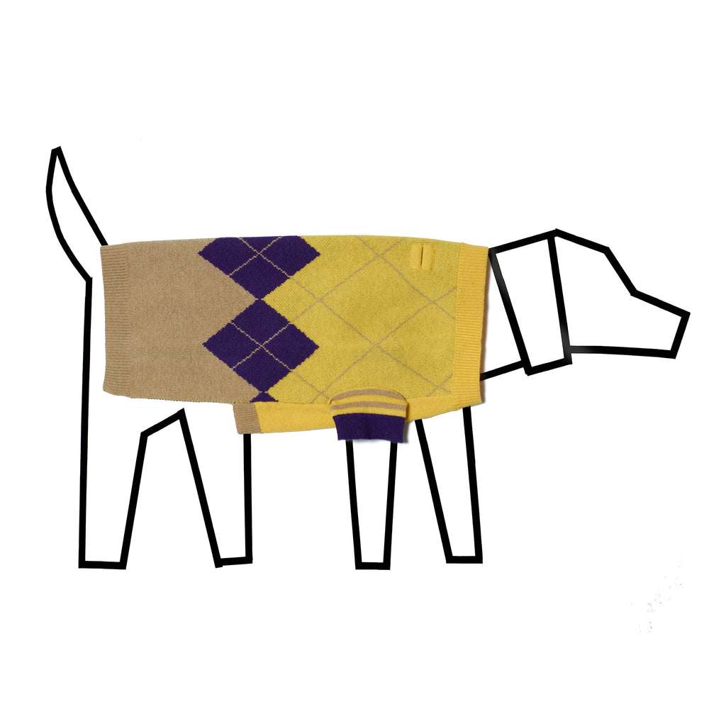 Yellow and purple argyle wool dog sweater